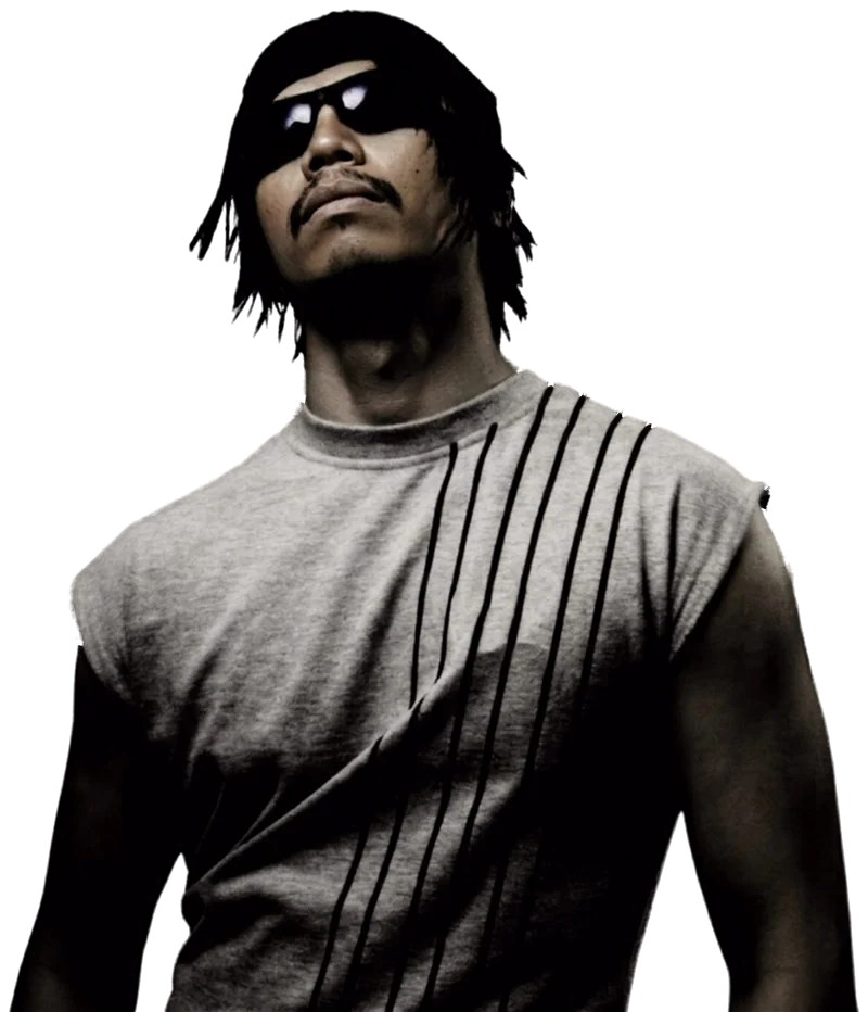 Faiz wearing sunglasses and a grey sleeveless shirt, looking upward